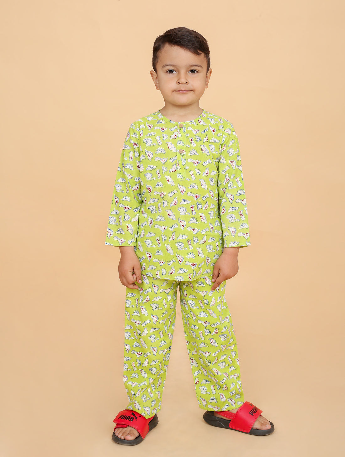 Green Dino pure cotton hand block printed pajama set for boys breathable summer nightwear