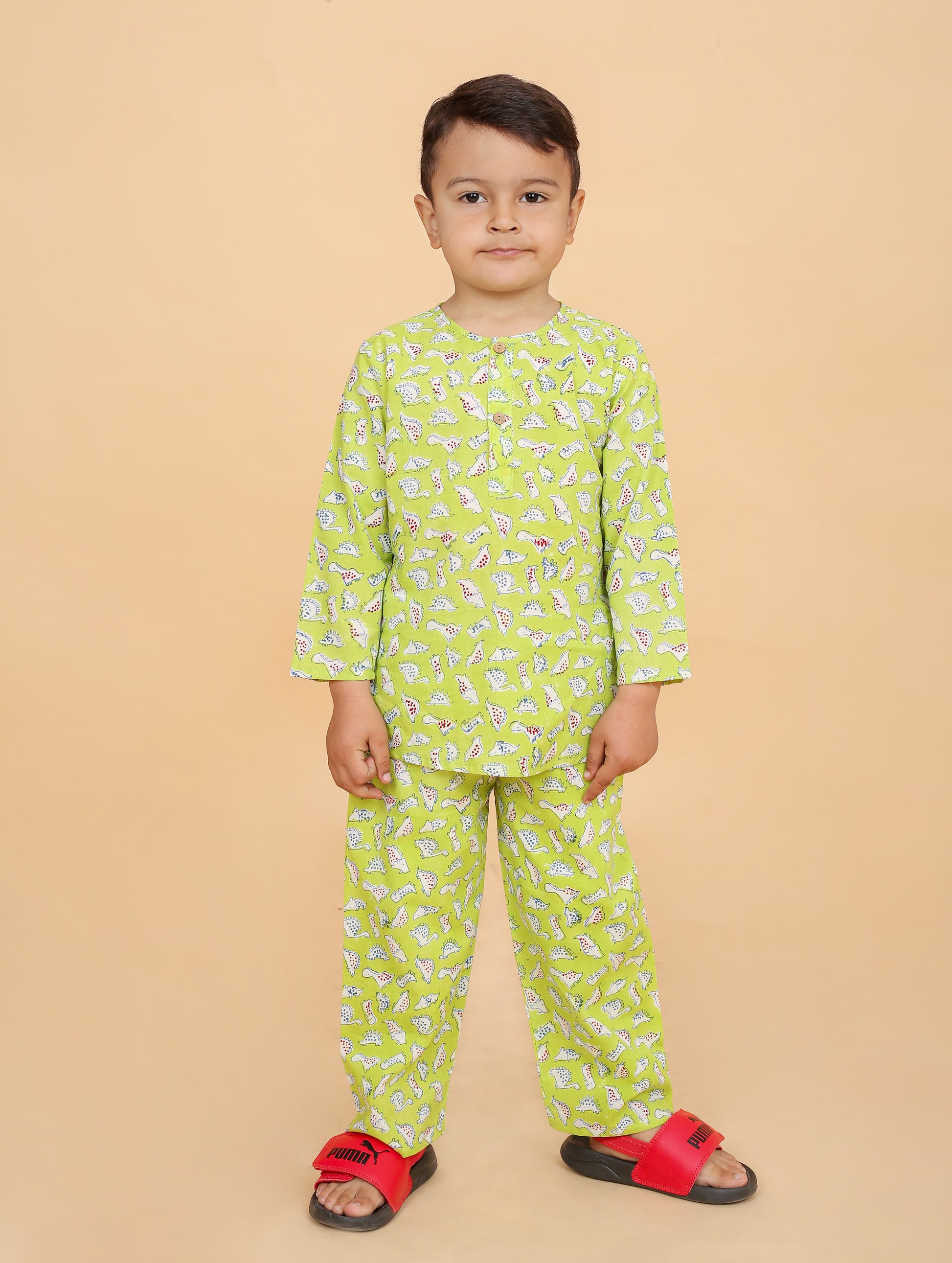 Green Dino pure cotton hand block printed pajama set for boys breathable summer nightwear