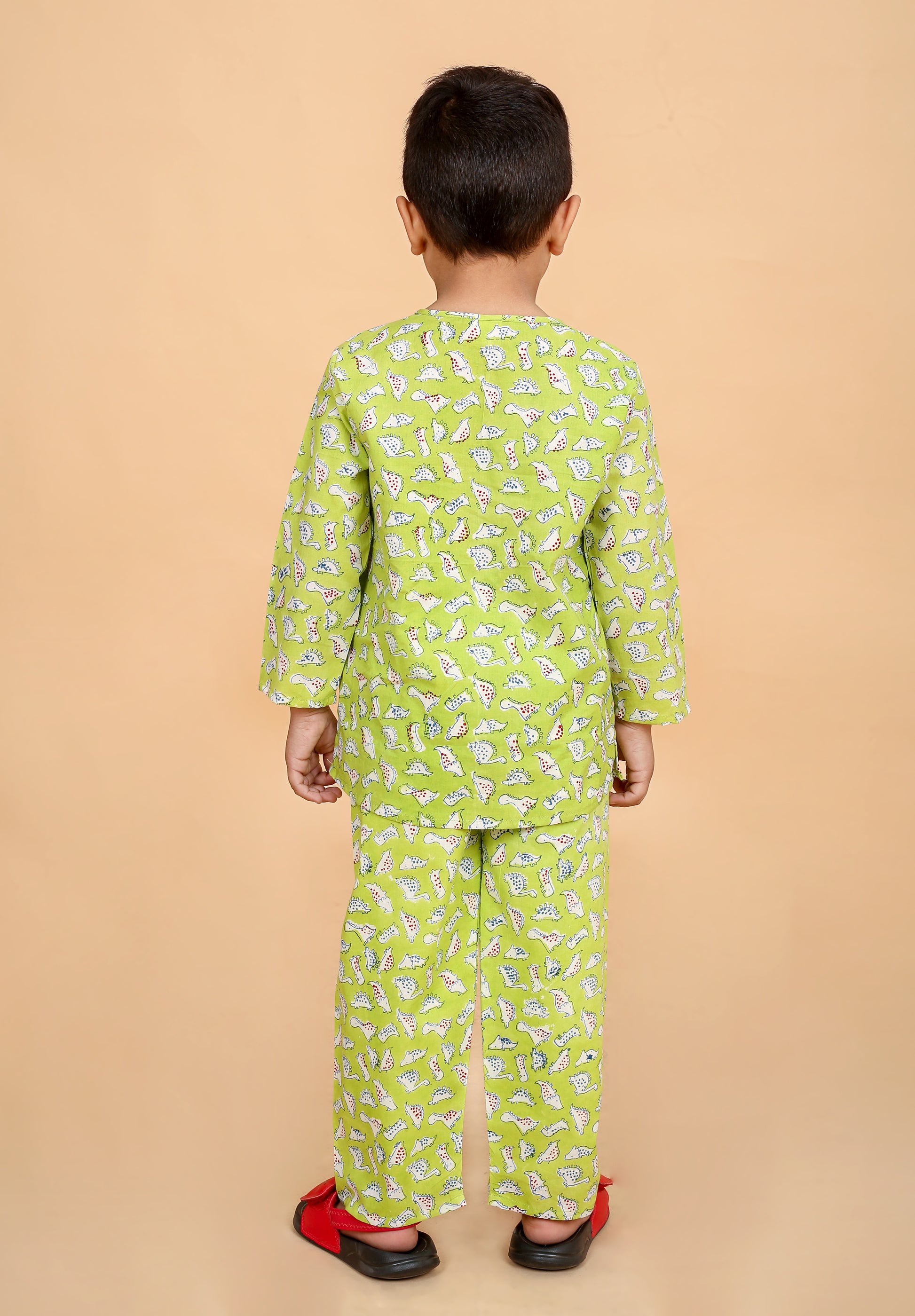 Boys pure cotton nightwear with Green Dino hand block print - back view