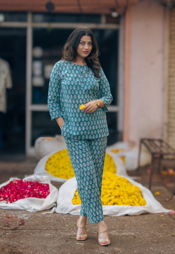 forest green leaf print pure cotton hand block printed lounge wear for women