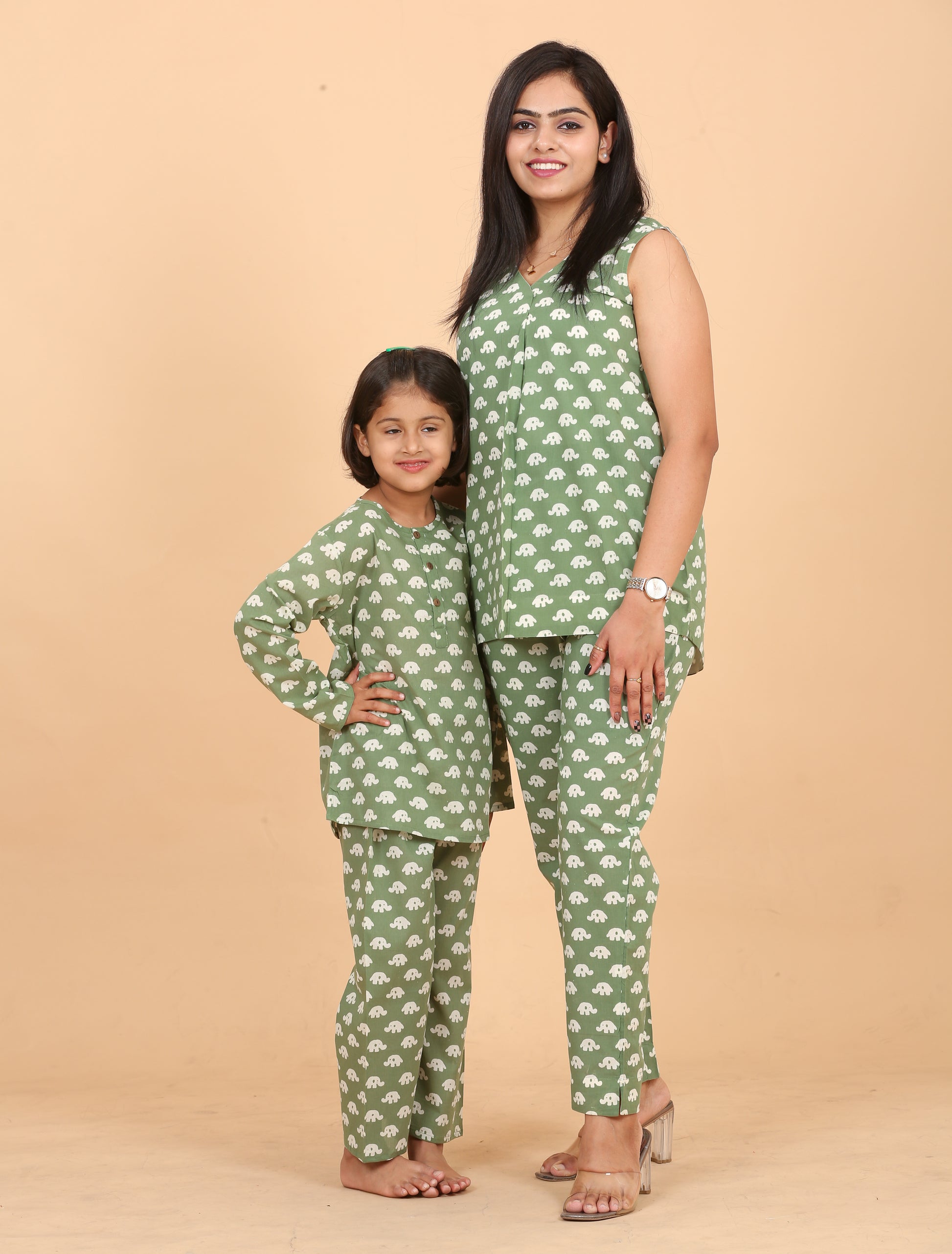Mother daughter twinning pure cotton hand block printed nightwear - Chheent Jaipur