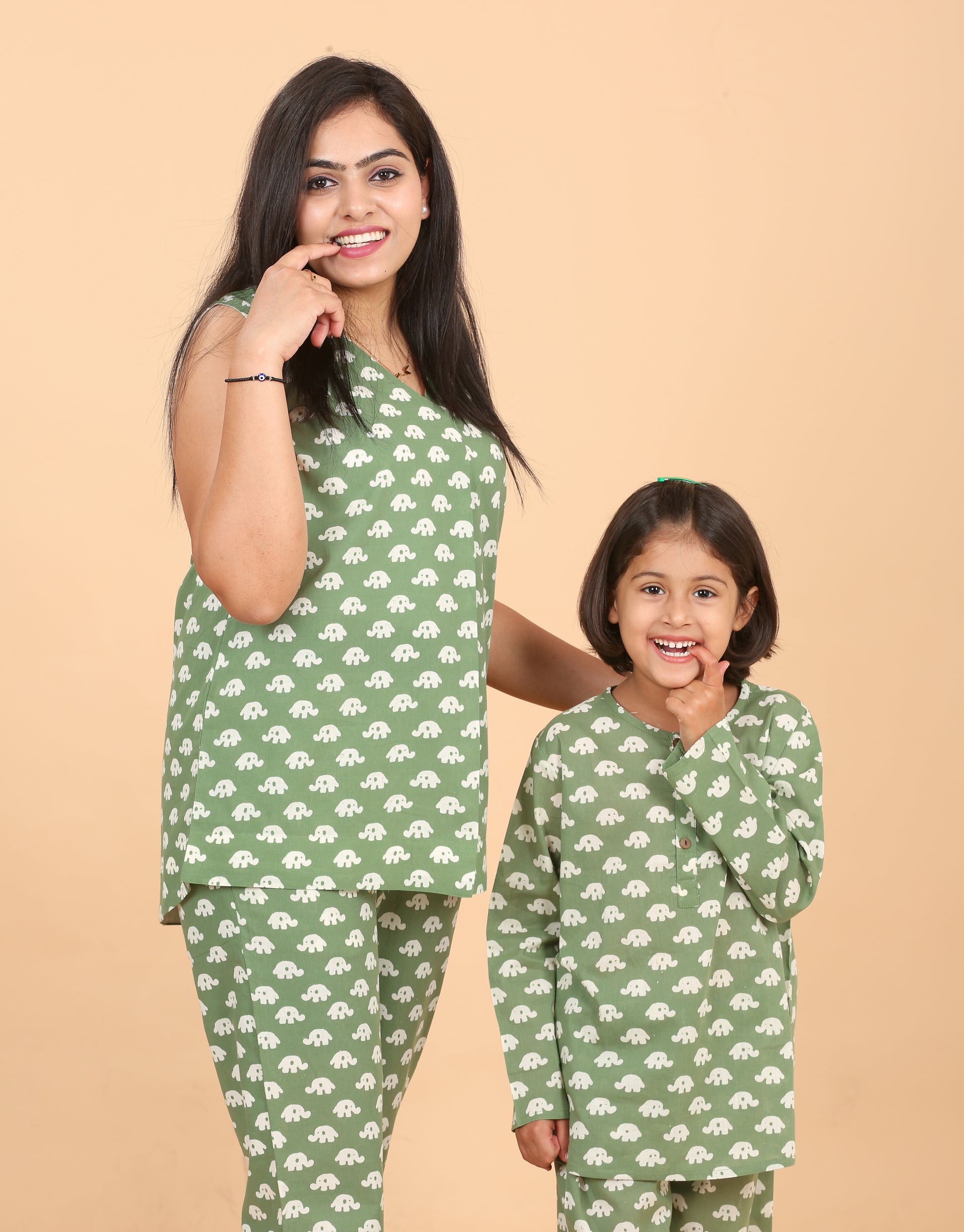Green elephant twinning night suit detail - hand block print

