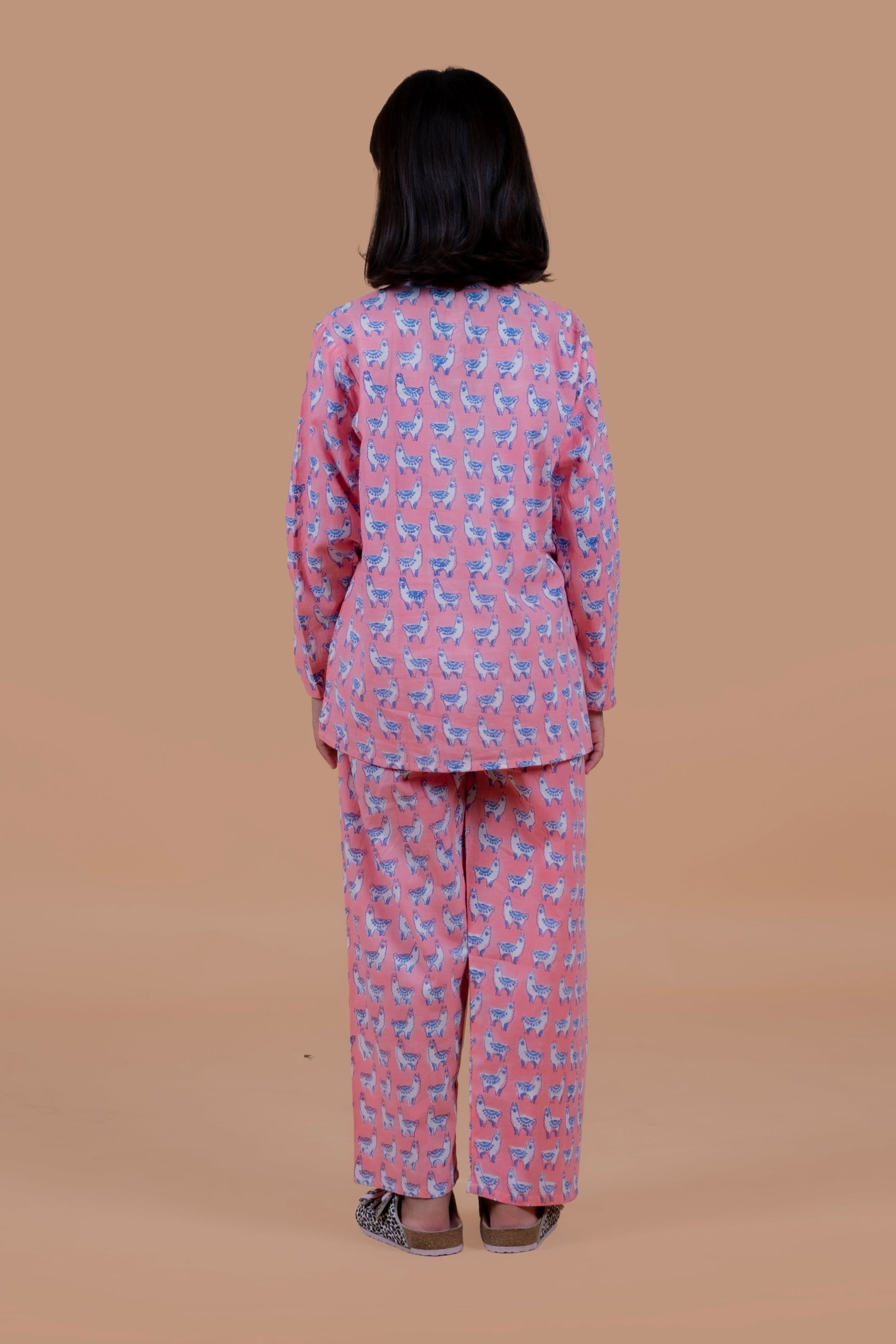 
Pink llama hand block print detail -pure cotton girls nightsuit -Chheent Jaipur