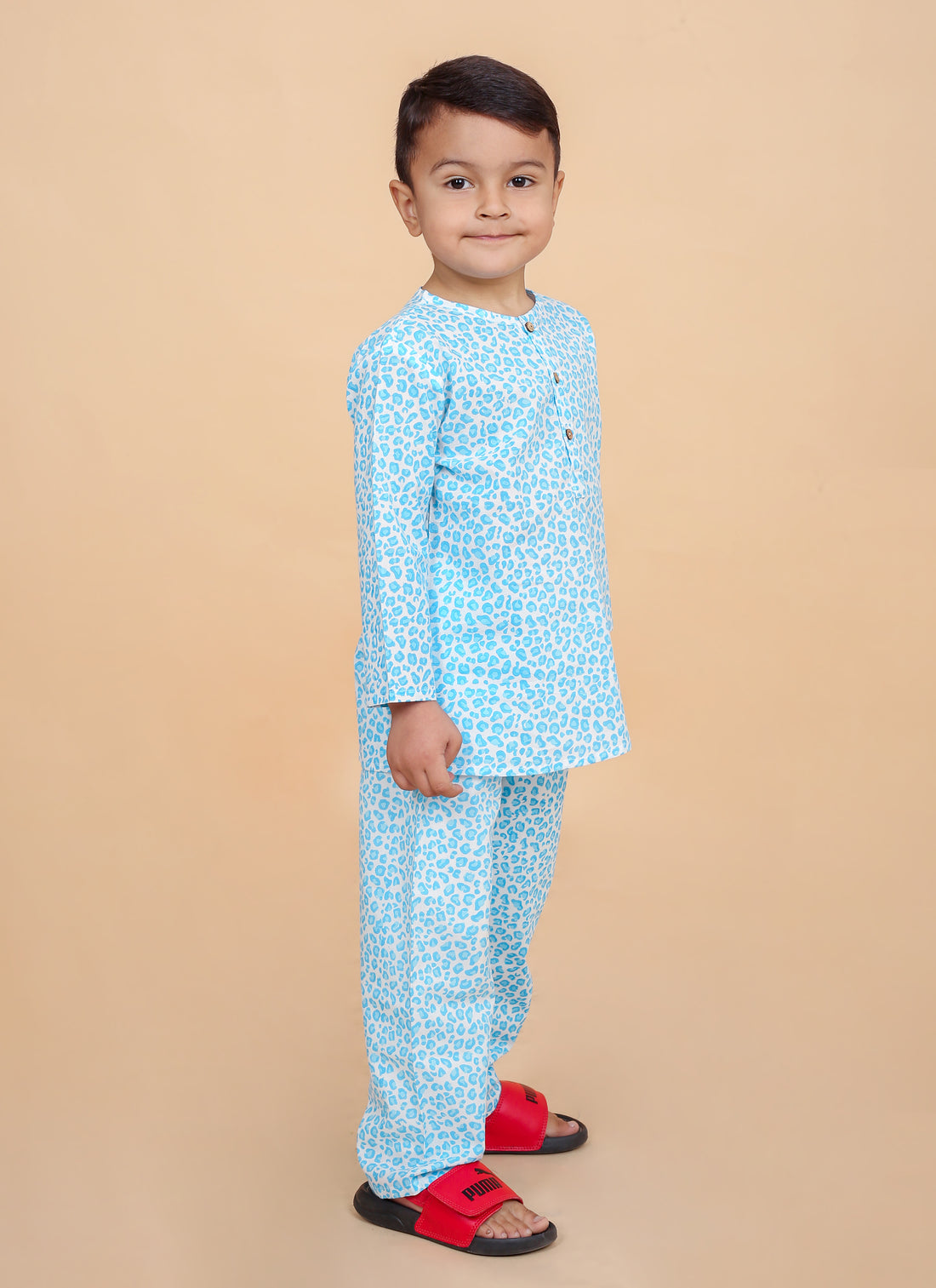 Turquoise Leopard pure cotton hand block printed pajama set for boys breathable summer nightwear