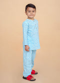Boy in pure cotton turquoise leopard print pajama set, front view