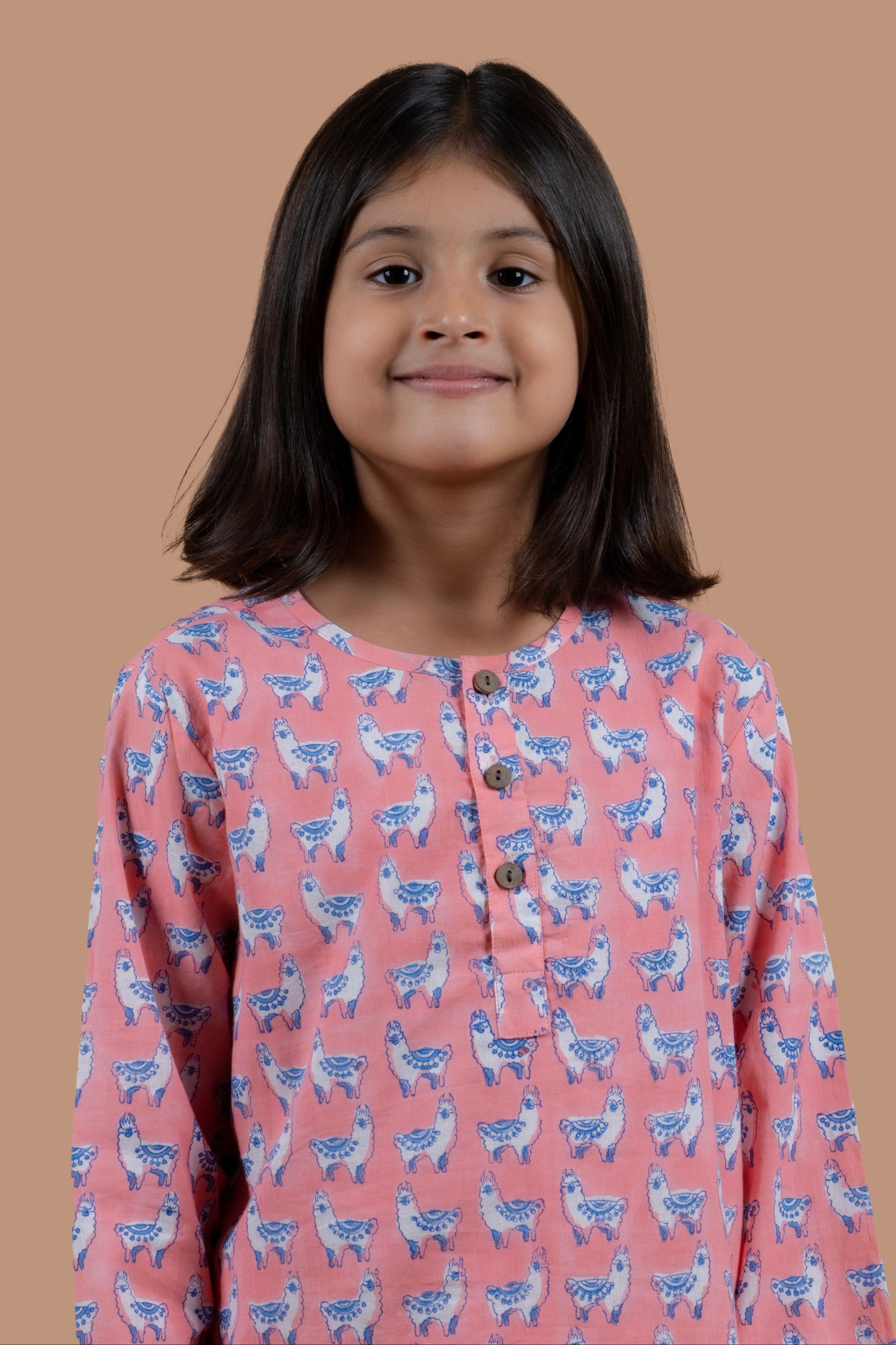 Hand block printed pink llama cotton nightsuit for girls - close view -Chheent Jaipur
