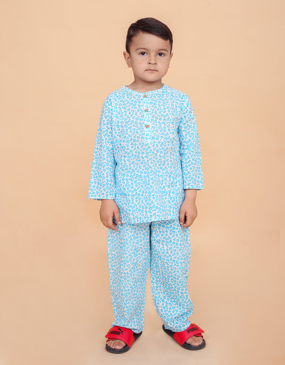 Turquoise Leopard pure cotton hand block printed pajama set for boys breathable summer nightwear