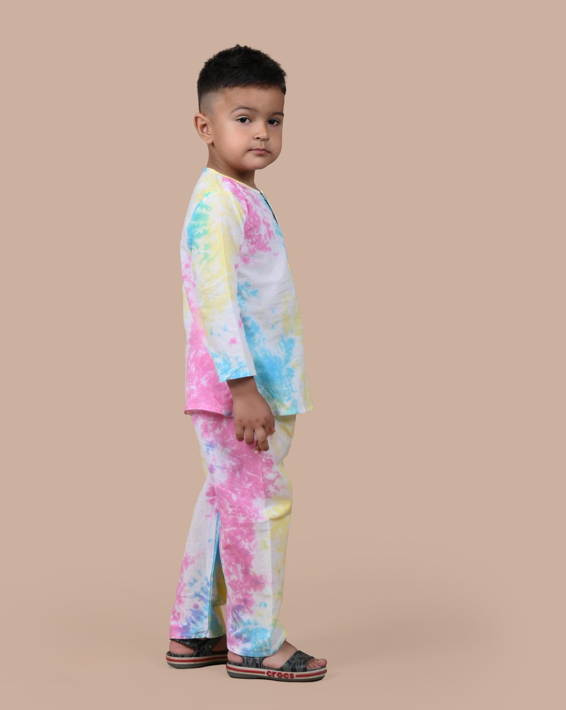 Multi tie and dye cotton pajama set for boys, full outfit view