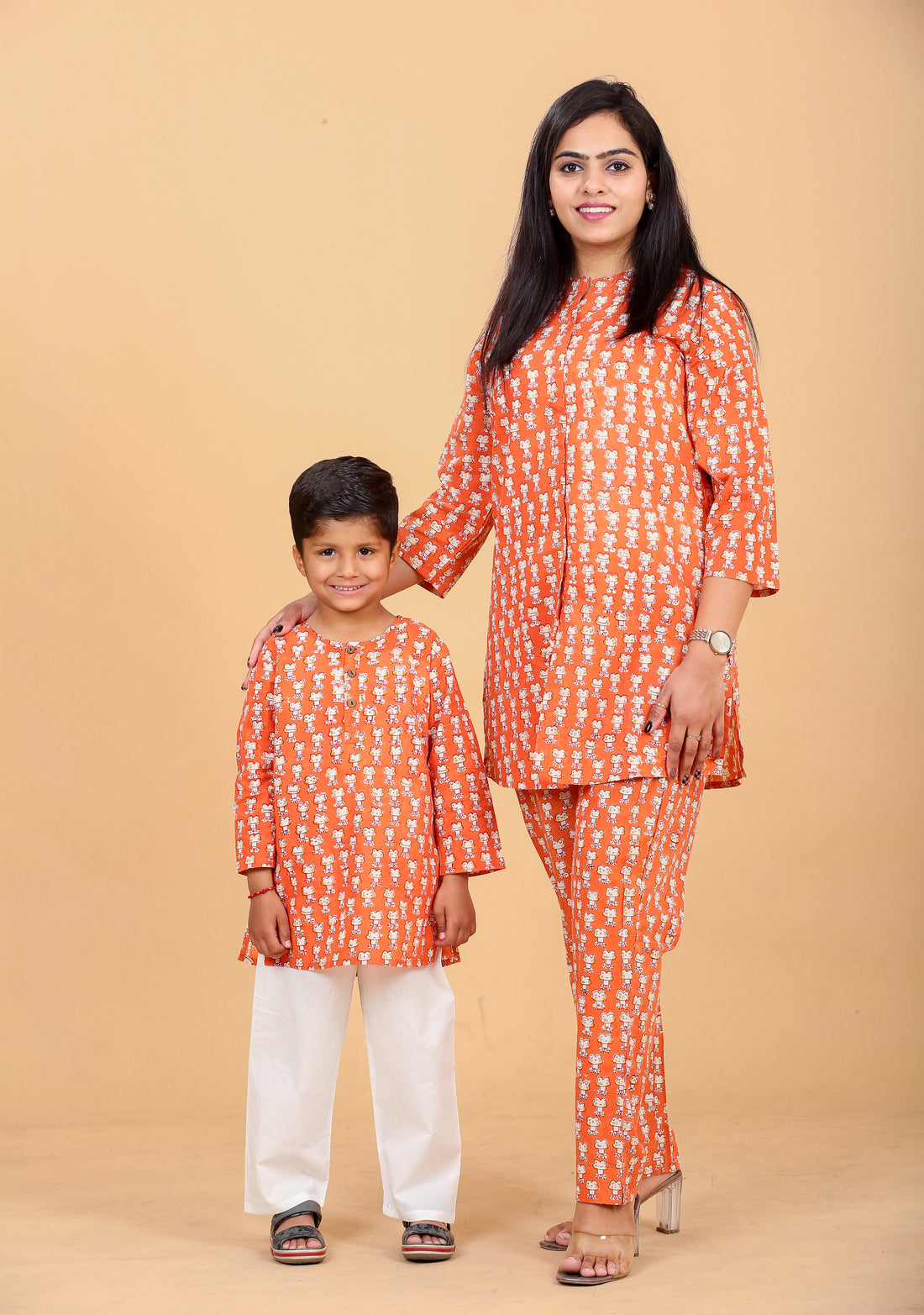  Orange frog print pure cotton twinning set for mom and kids - Chheent Jaipur