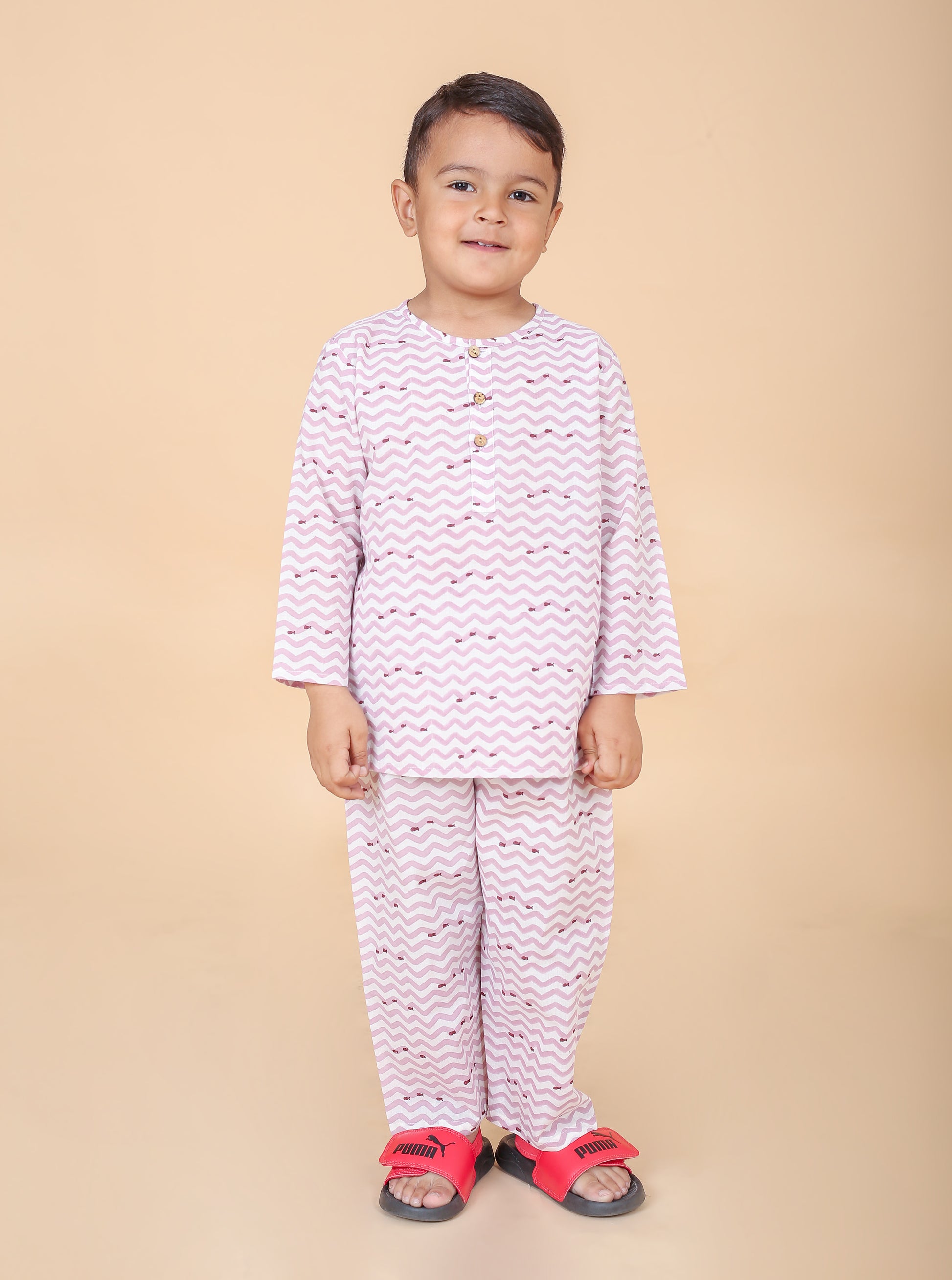 Purple Fish pure cotton hand block printed pajama set for boys breathable summer nightwear