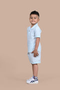Boy in Turquoise Scallops hand block printed cotton shorts set, relaxed fit lounge wear, Chheent Jaipur- side view