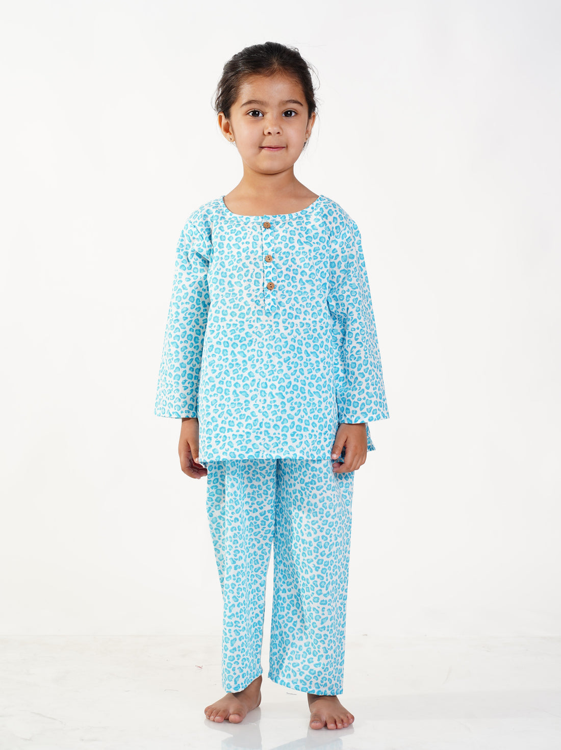Turquoise leopard hand block printed pure cotton pajama set for boys —-Chheent Jaipur
