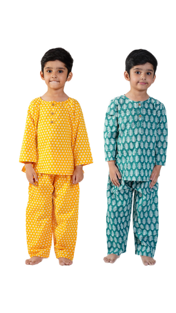 Mustard Booti Forest Green Leaf Combo Night Suit