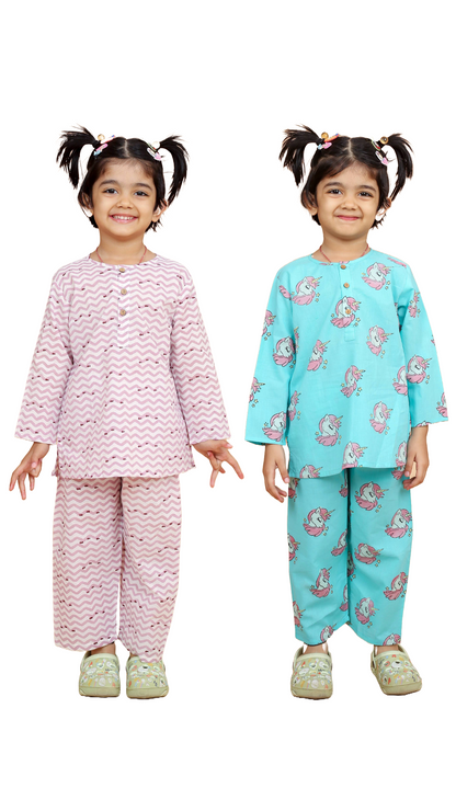 Purple Fish and Turquoise Unicorn Combo Night Suit