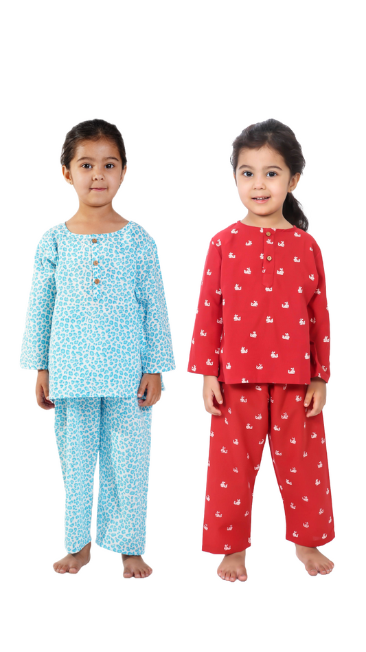 Red Whale and Turquoise Leopard Night Suit Combo