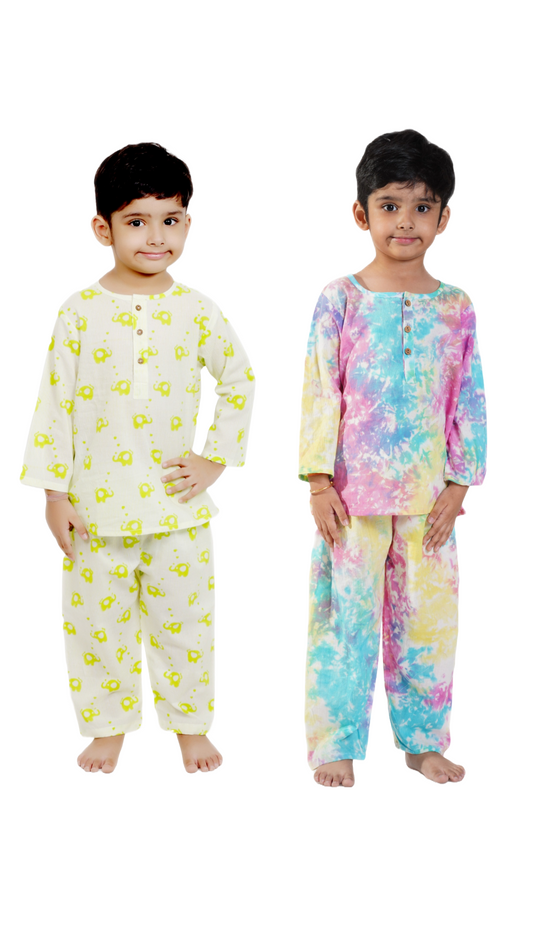 Multi Tie and Dye Light Green Elephant Combo Night Suit