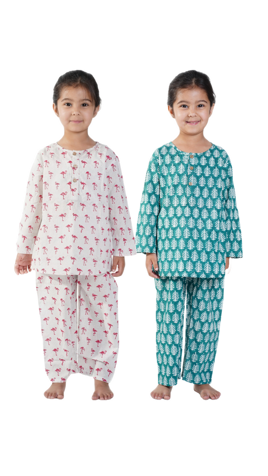 Pink Flamingo And Green Forest Leaf Night Suit Combo