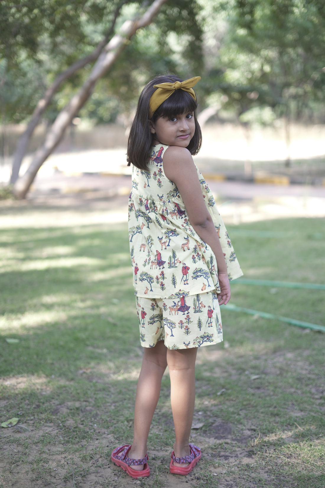 Yellow pure cotton hand block printed shorts set for girls summer nightwear