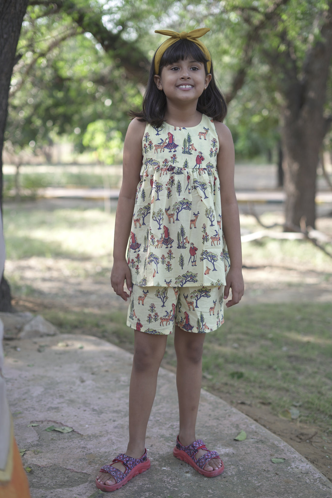 Yellow pure cotton hand block printed shorts set for girls summer nightwear