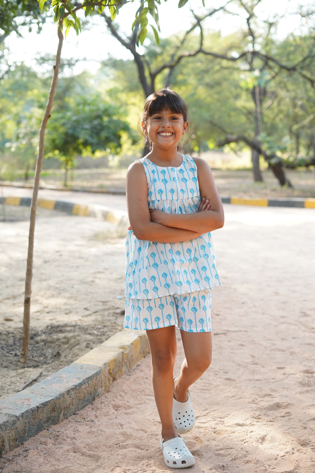 Blue flower pure cotton hand block printed shorts set for girls summer nightwear