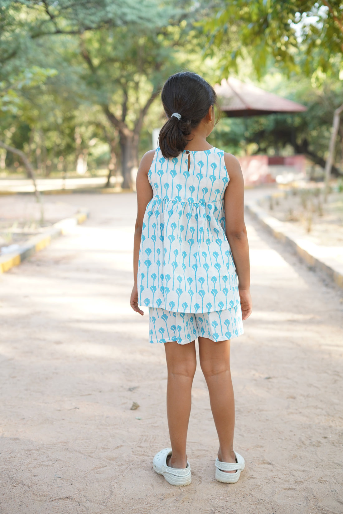 Blue flower pure cotton hand block printed shorts set for girls summer nightwear