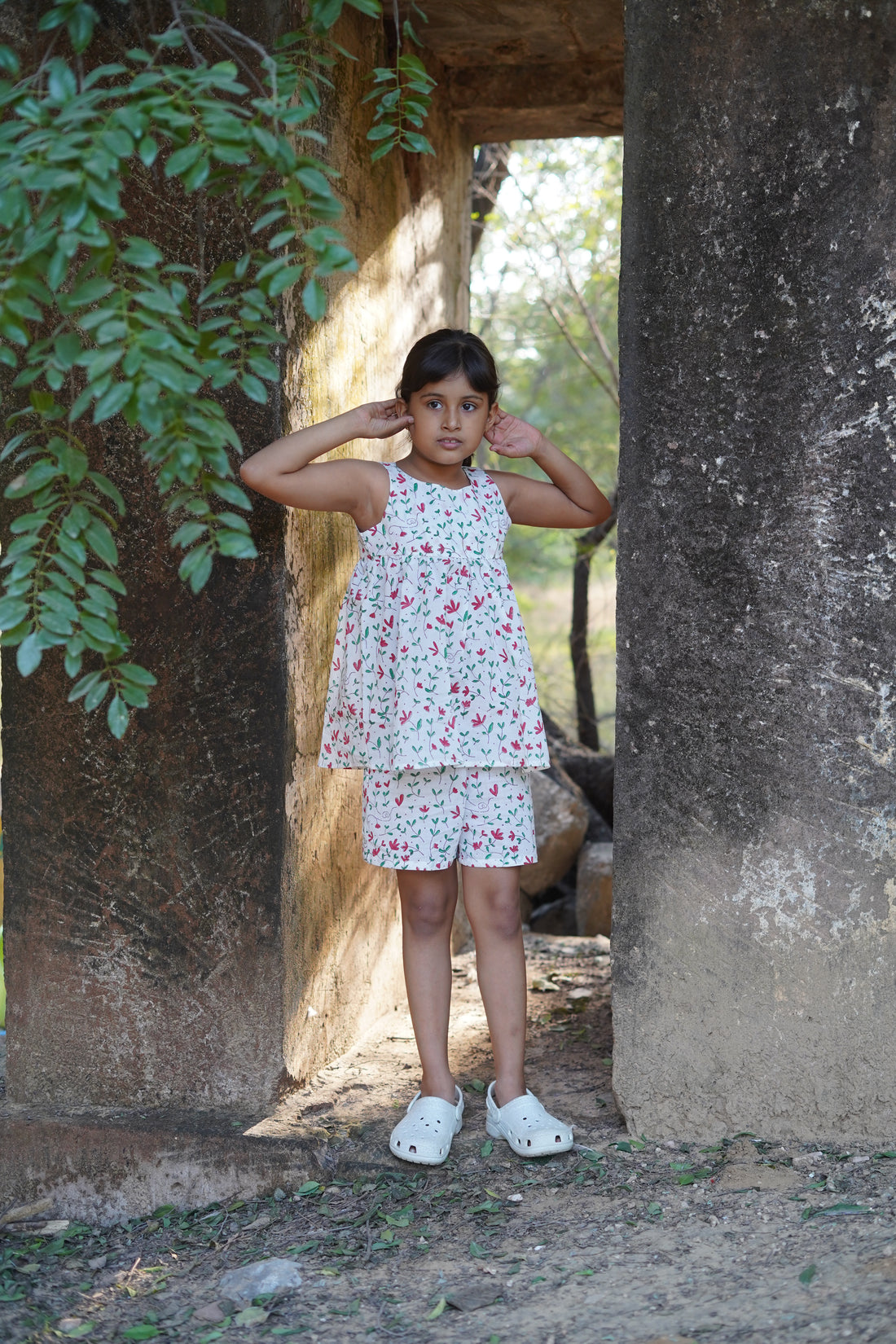 White floral jaal pure cotton hand block printed shorts set for girls breathable summer nightwear