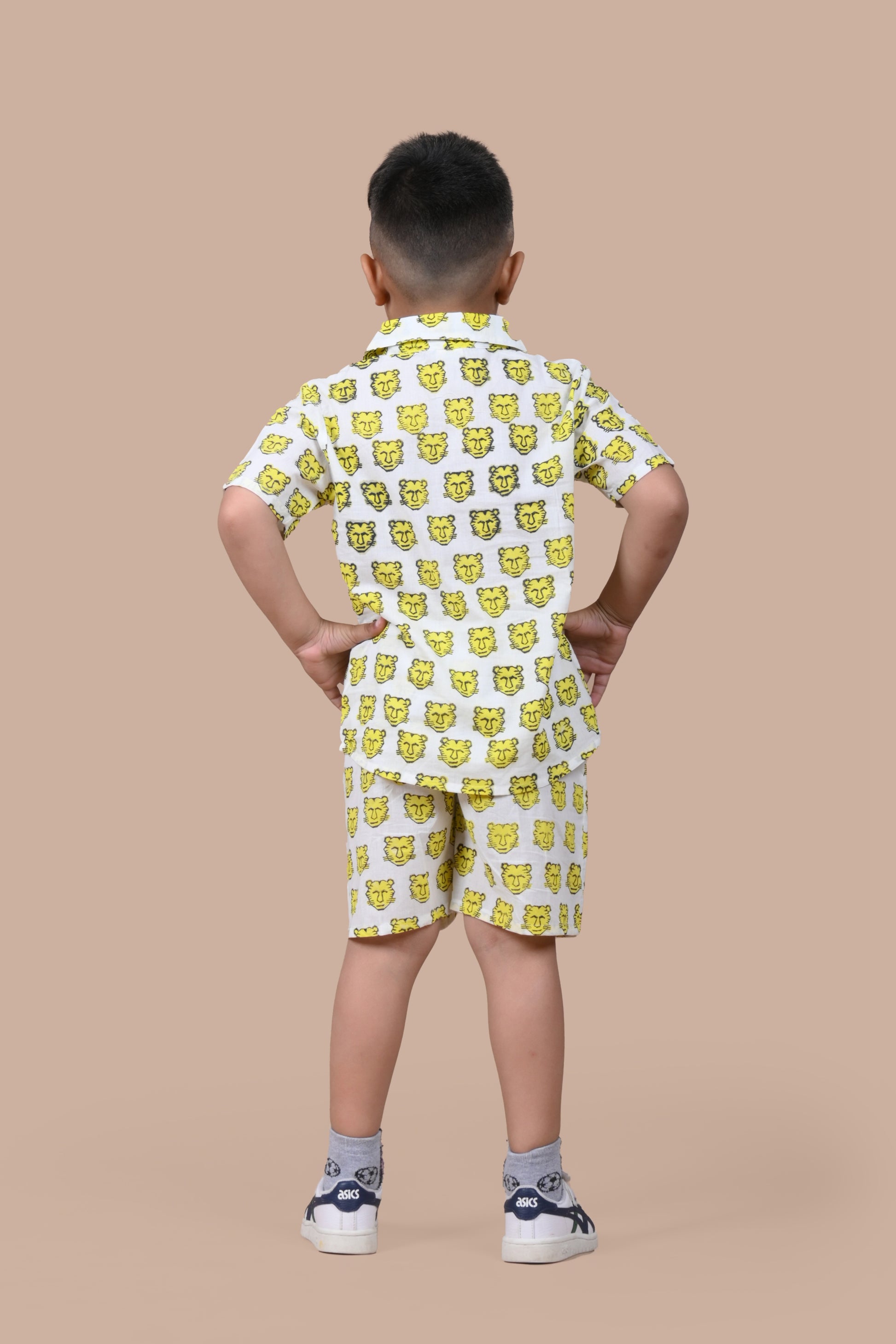 Yellow Tiger print cotton shorts set for boys, hand block printed in Jaipur,  Back view