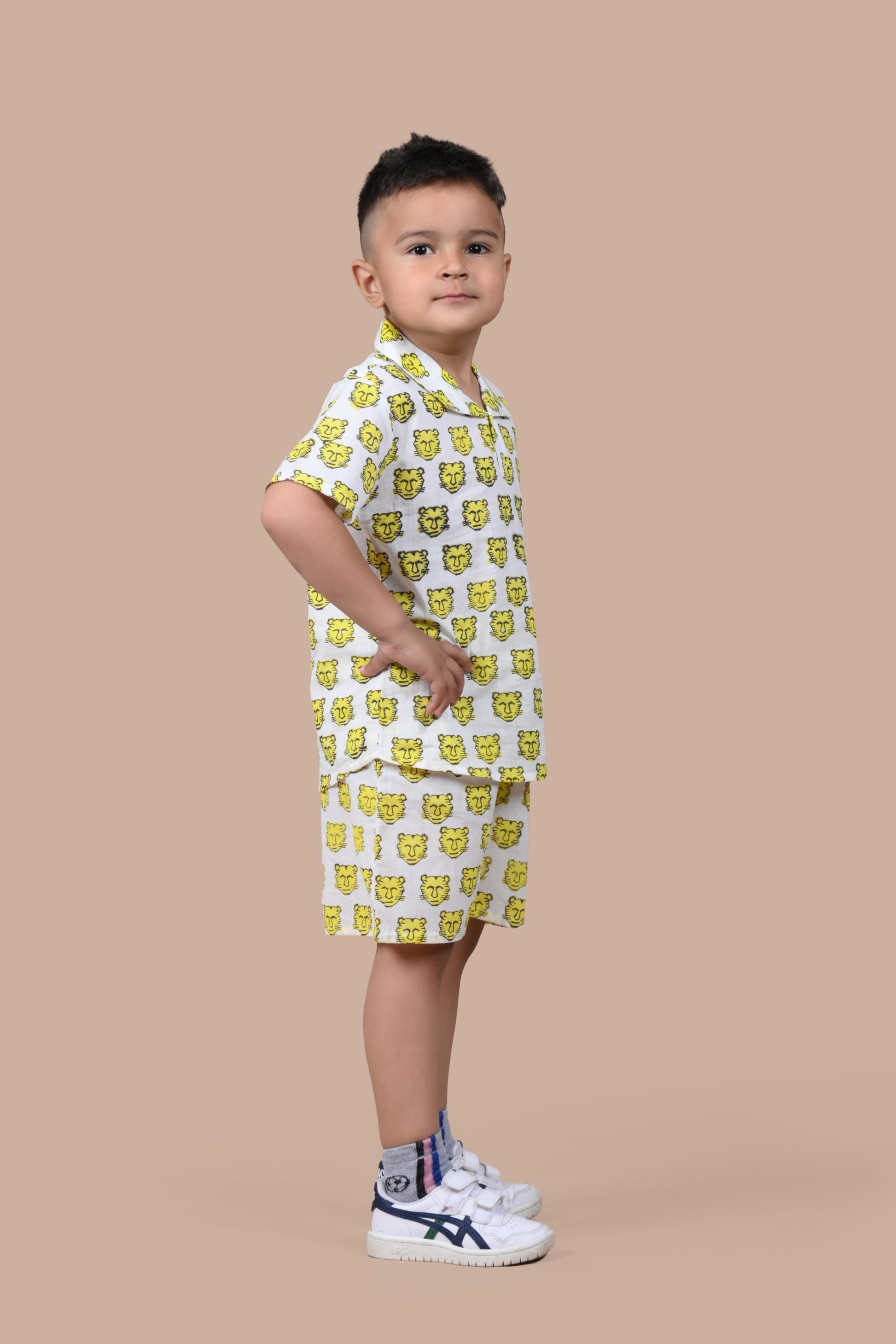 Yellow Tiger print cotton shorts set for boys, hand block printed in Jaipur, side view 2