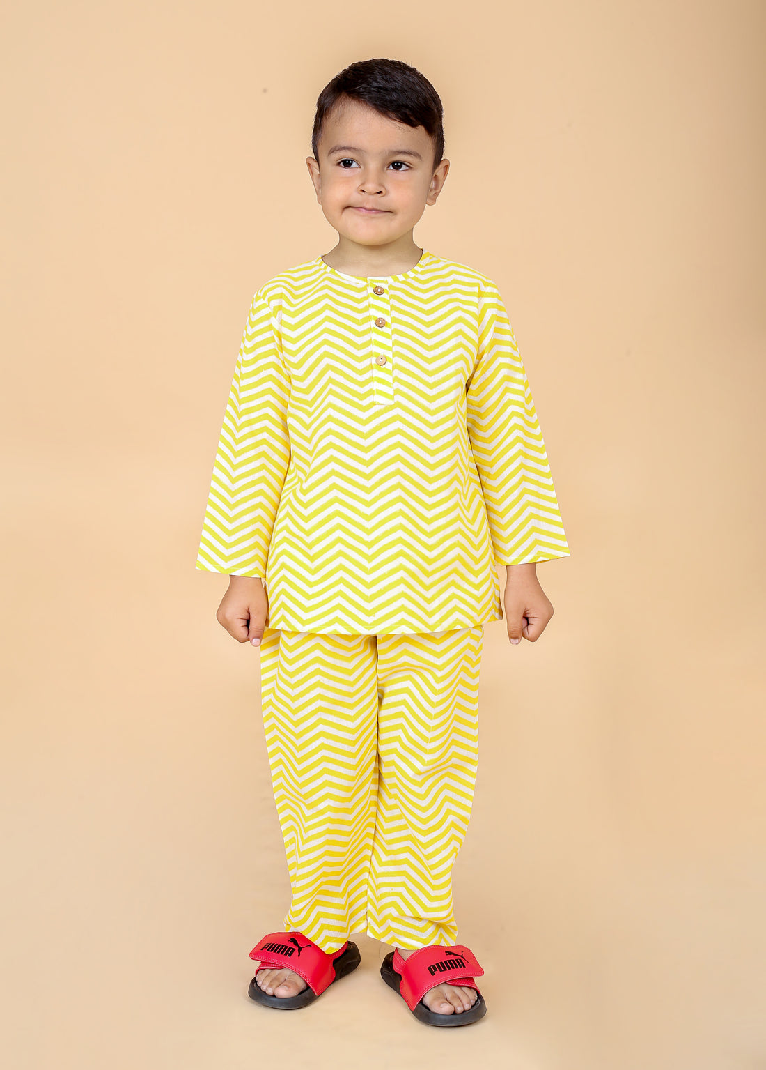 Yellow Zig Zag pure cotton hand block printed pajama set for boys breathable summer nightwear
