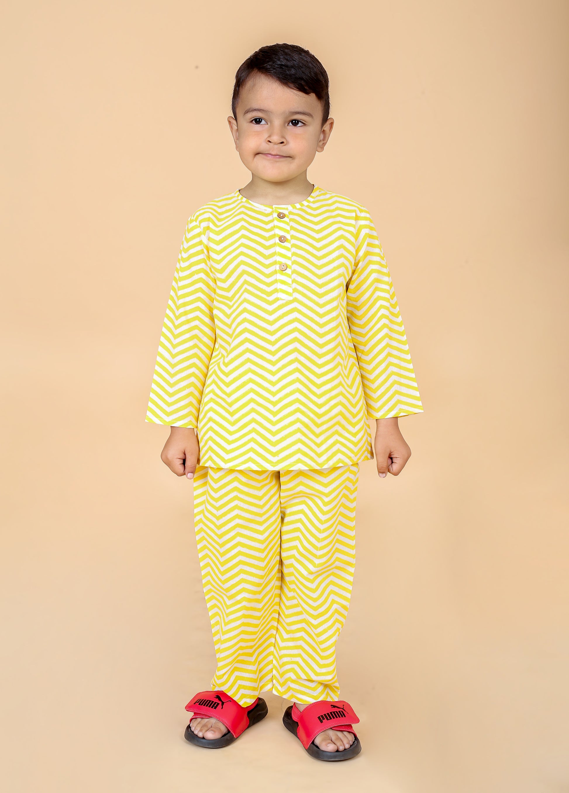 Yellow Zig Zag pure cotton hand block printed pajama set for boys breathable summer nightwear