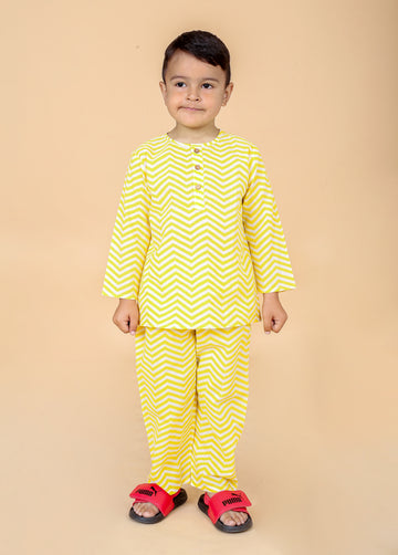 Yellow Zig Zag pure cotton hand block printed pajama set for boys breathable summer nightwear
