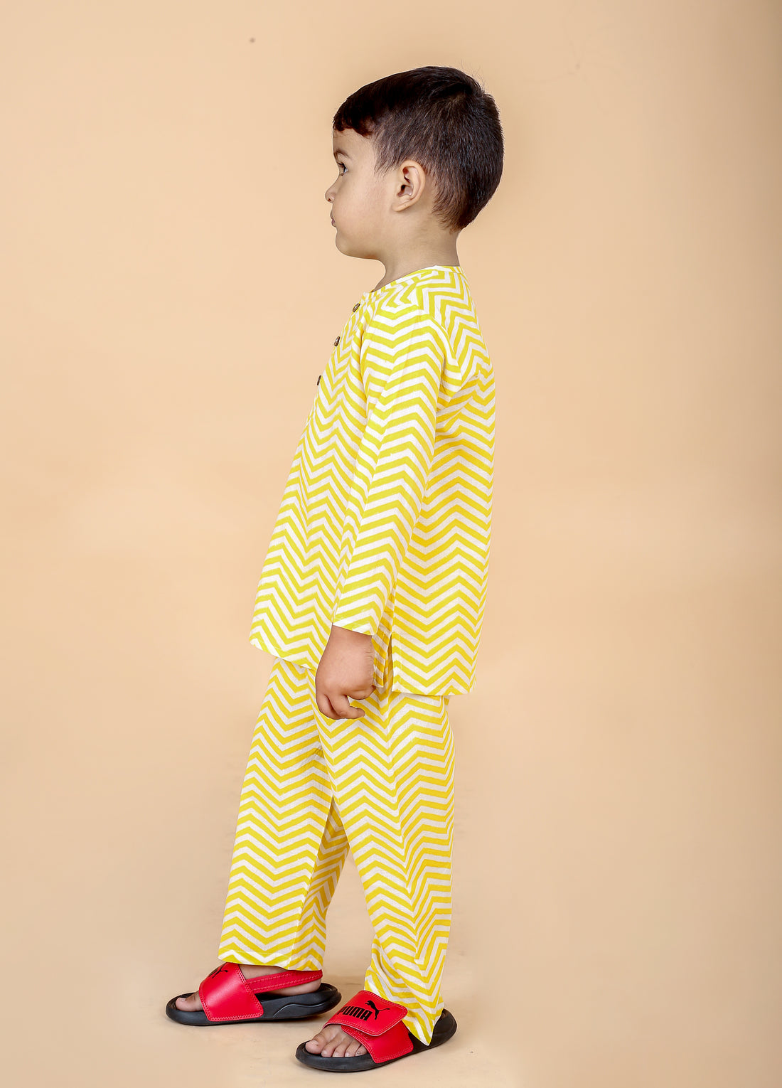 Yellow Zig Zag pure cotton hand block printed pajama set for boys breathable summer nightwear