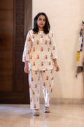 beige cat print pure cotton hand block printed lounge wear for women