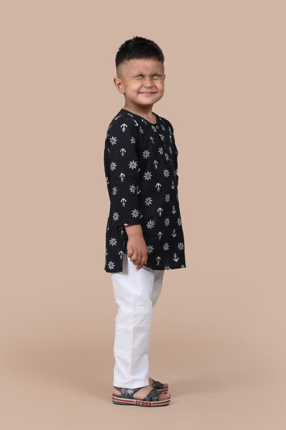 Black Anchor Kurta Pajama - Set of 2