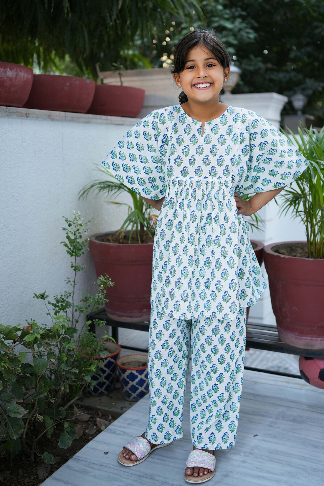 pure cotton blue booti hand block printed kaftan set for girls