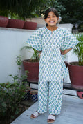 pure cotton blue booti hand block printed kaftan set for girls