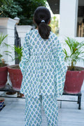 traditional block printed blue booti cotton kaftan set for girls