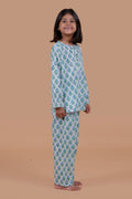 Blue booti print pure cotton pajama set for girls - side - Chheent Jaipur