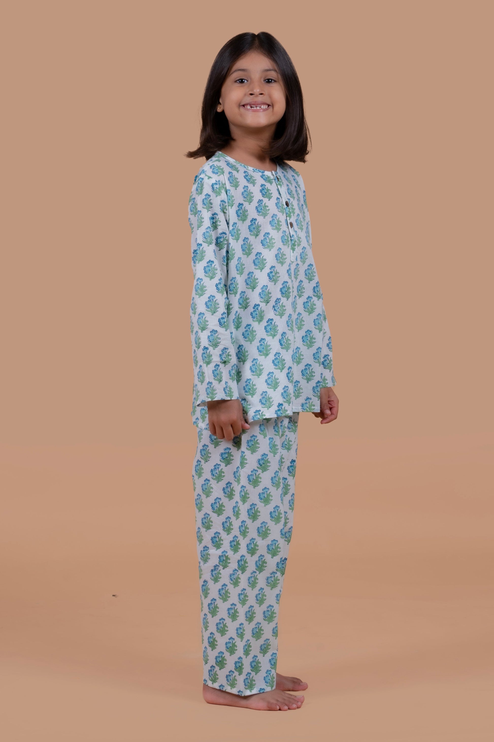 Blue booti print pure cotton pajama set for girls - side - Chheent Jaipur