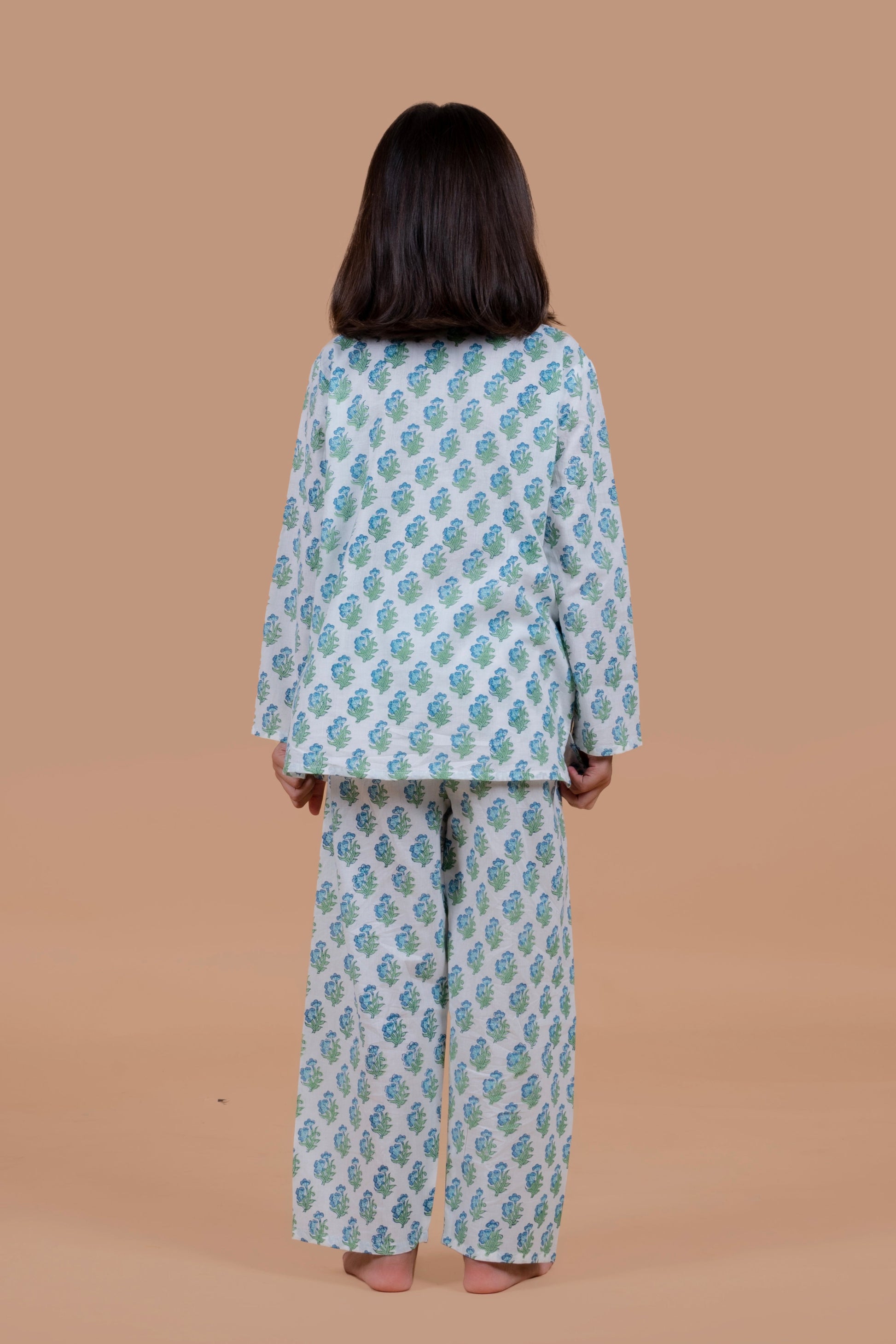 Blue booti print pure cotton pajama set for girls -back side- Chheent Jaipur