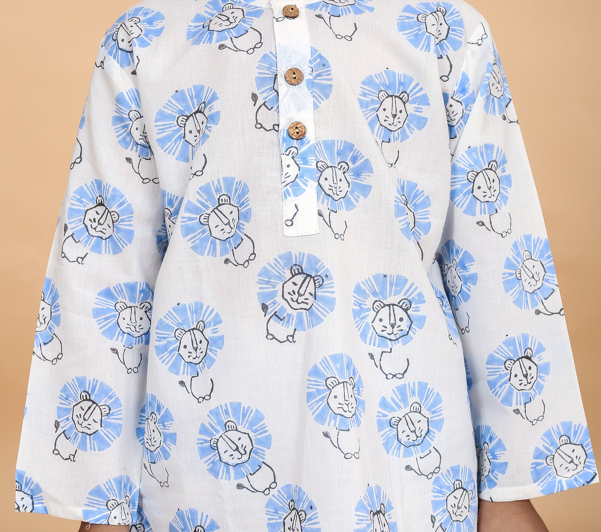 close up of pure cotton hand block printed  blue lion nightsuit