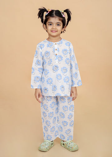 girl wearing pure cotton blue lion hand block printed nightsuit