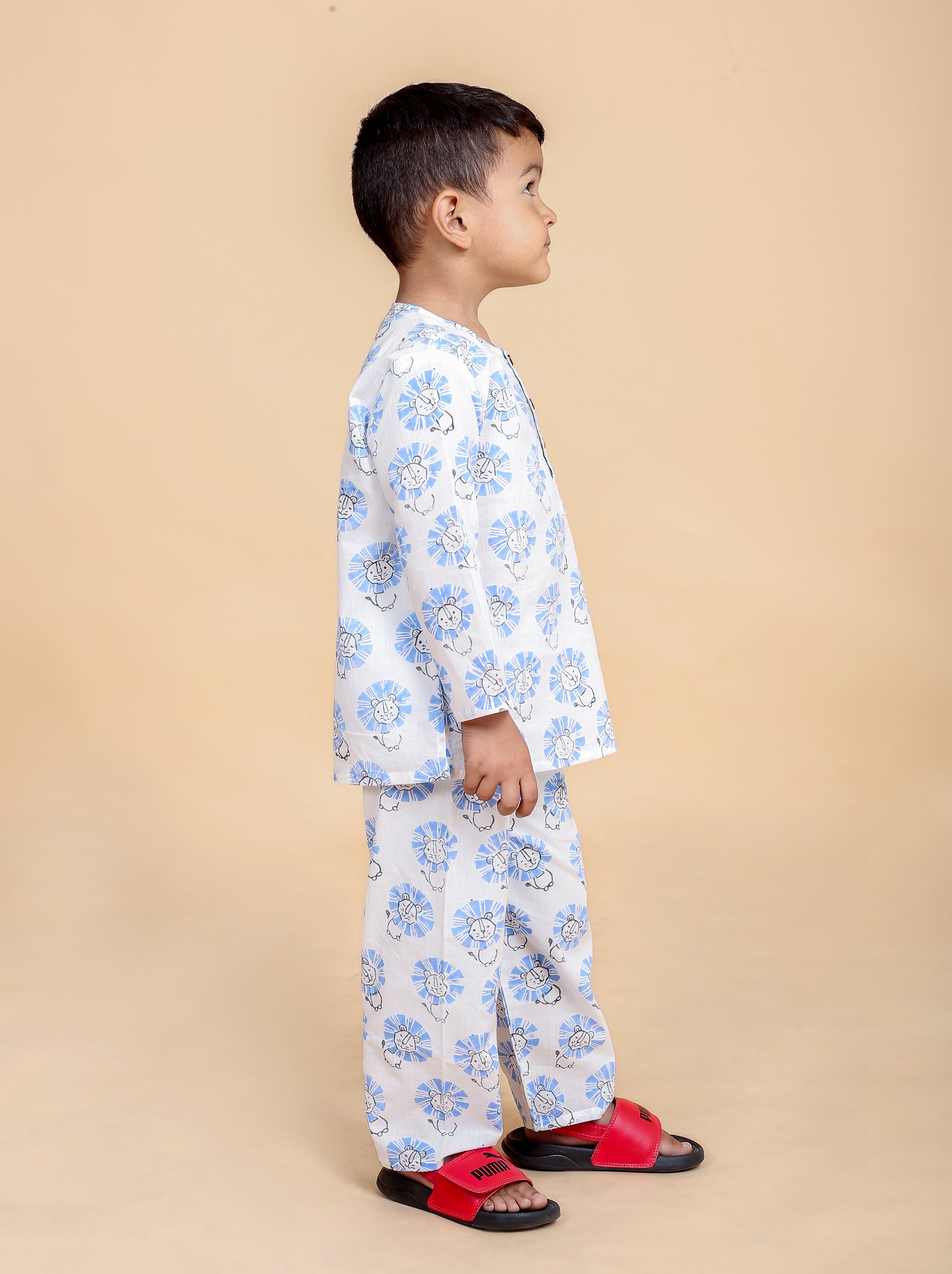 Blue lion hand block printed pure cotton pajama set for boys side view Chheent Jaipur