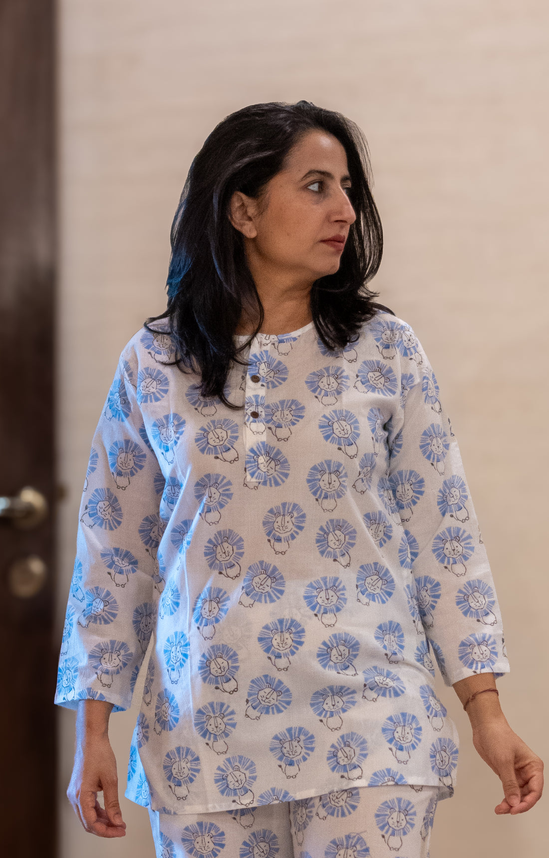 blue lion print pure cotton hand block printed lounge wear for women