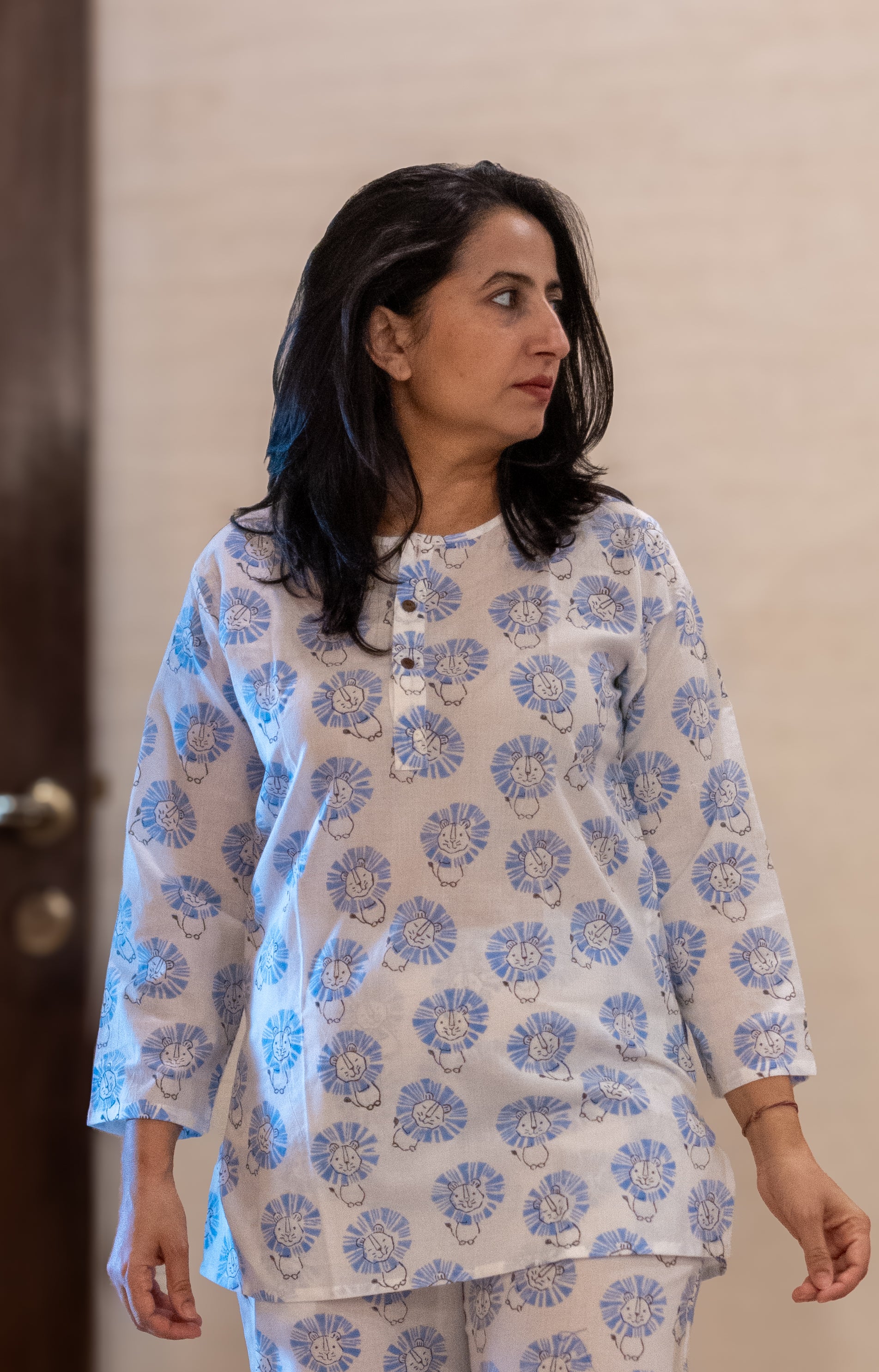 blue lion print pure cotton hand block printed lounge wear for women