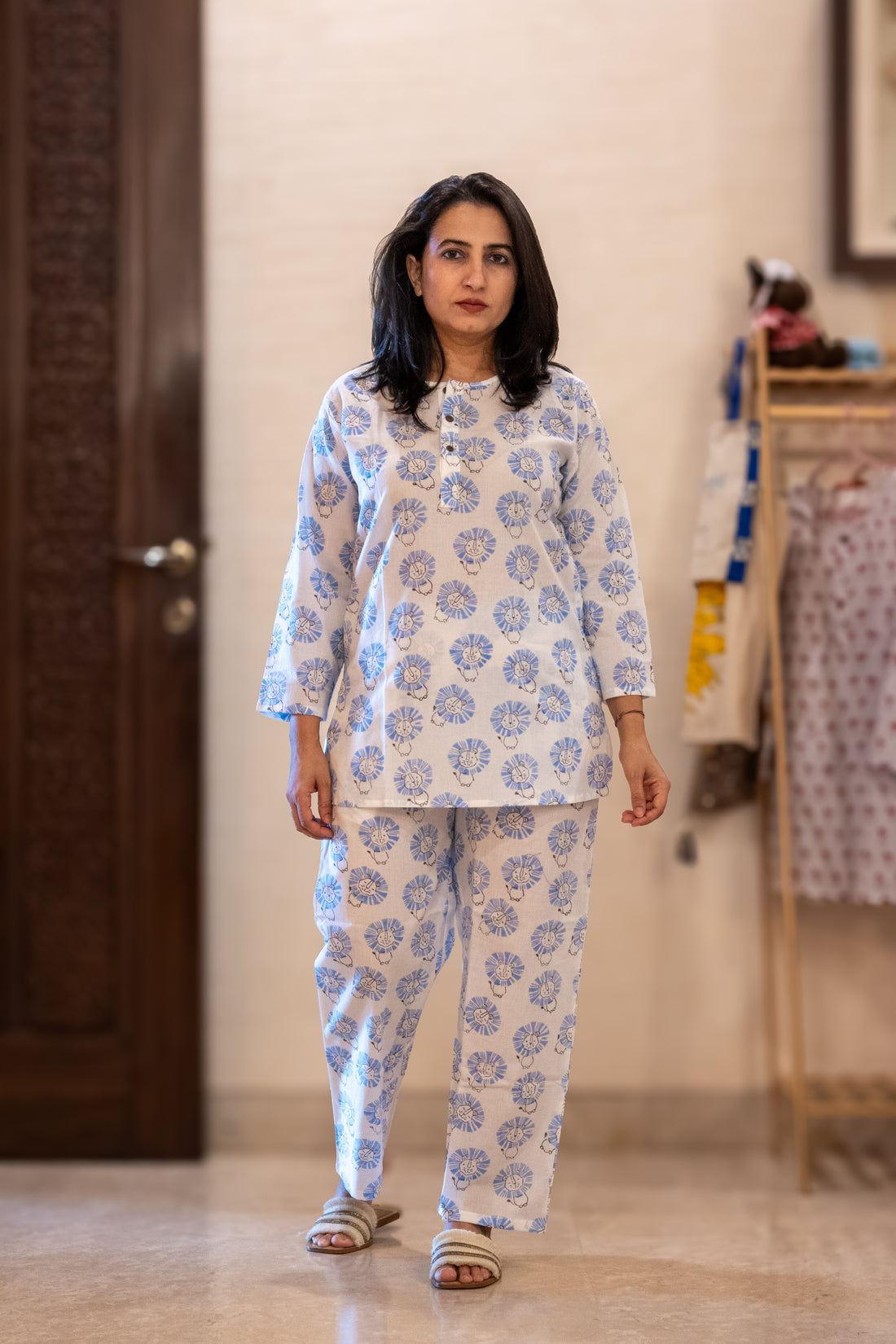 blue lion print pure cotton hand block printed lounge wear for women