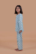 Blue booti print pure cotton pajama set for girls - side view -Chheent Jaipur