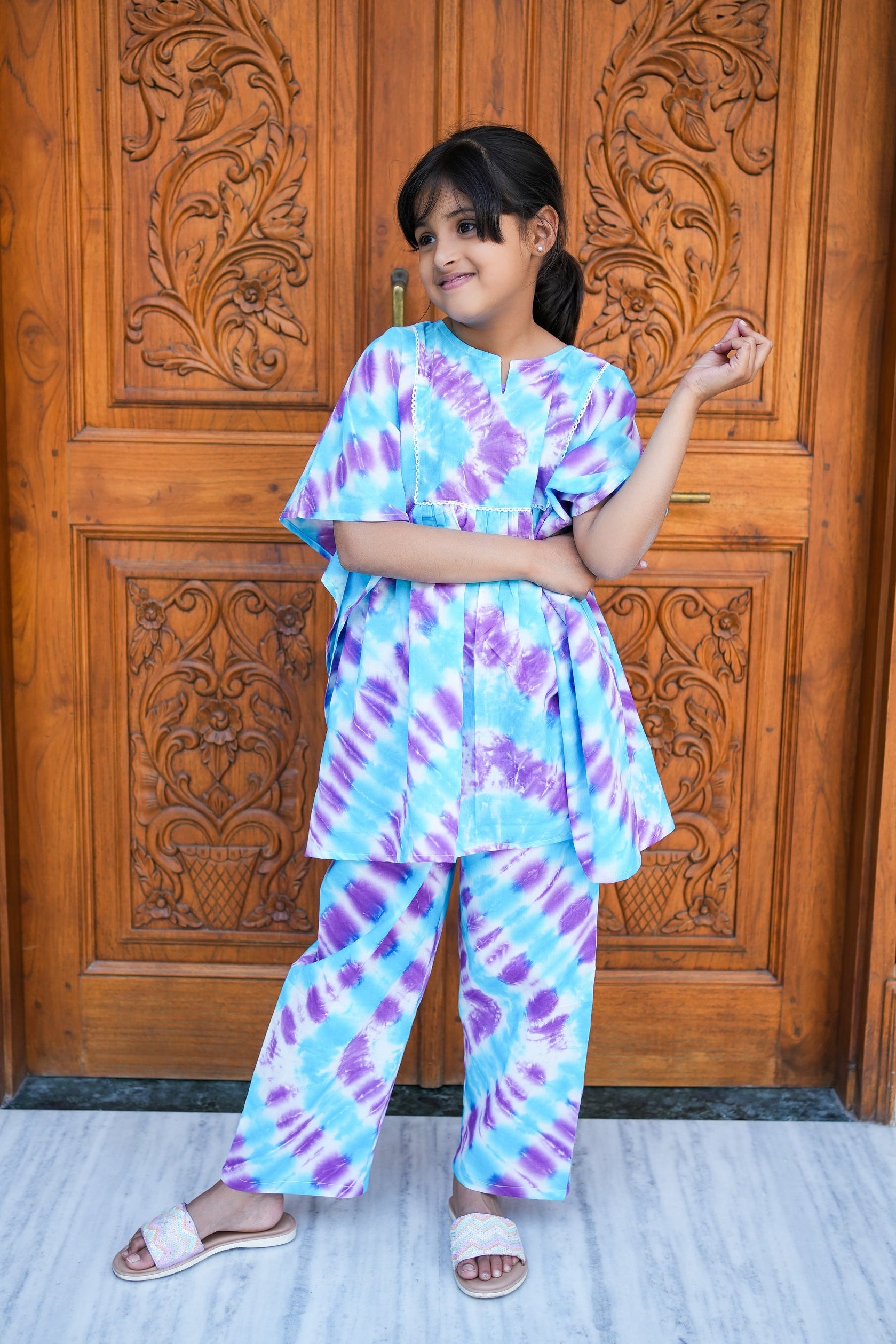 pure cotton purple blue tie dye kaftan set for girls