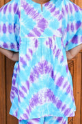 breathable cotton purple blue tie dye kaftan set for kids