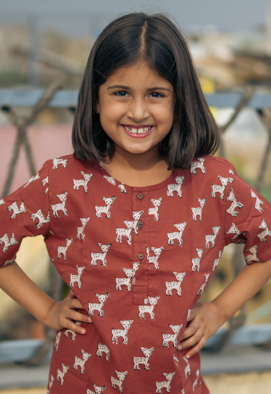 Brown Deer half sleeves pure cotton hand block printed pajama set for girls summer nightwear